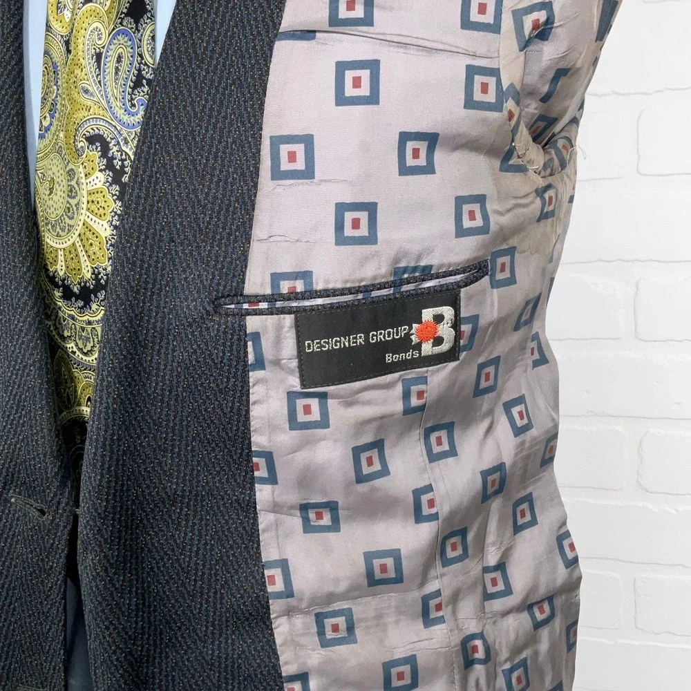 B Bonds Blazer Men‎ 39R Blue Herringbone Two Button 70s Wide Lapel Polyester VTG